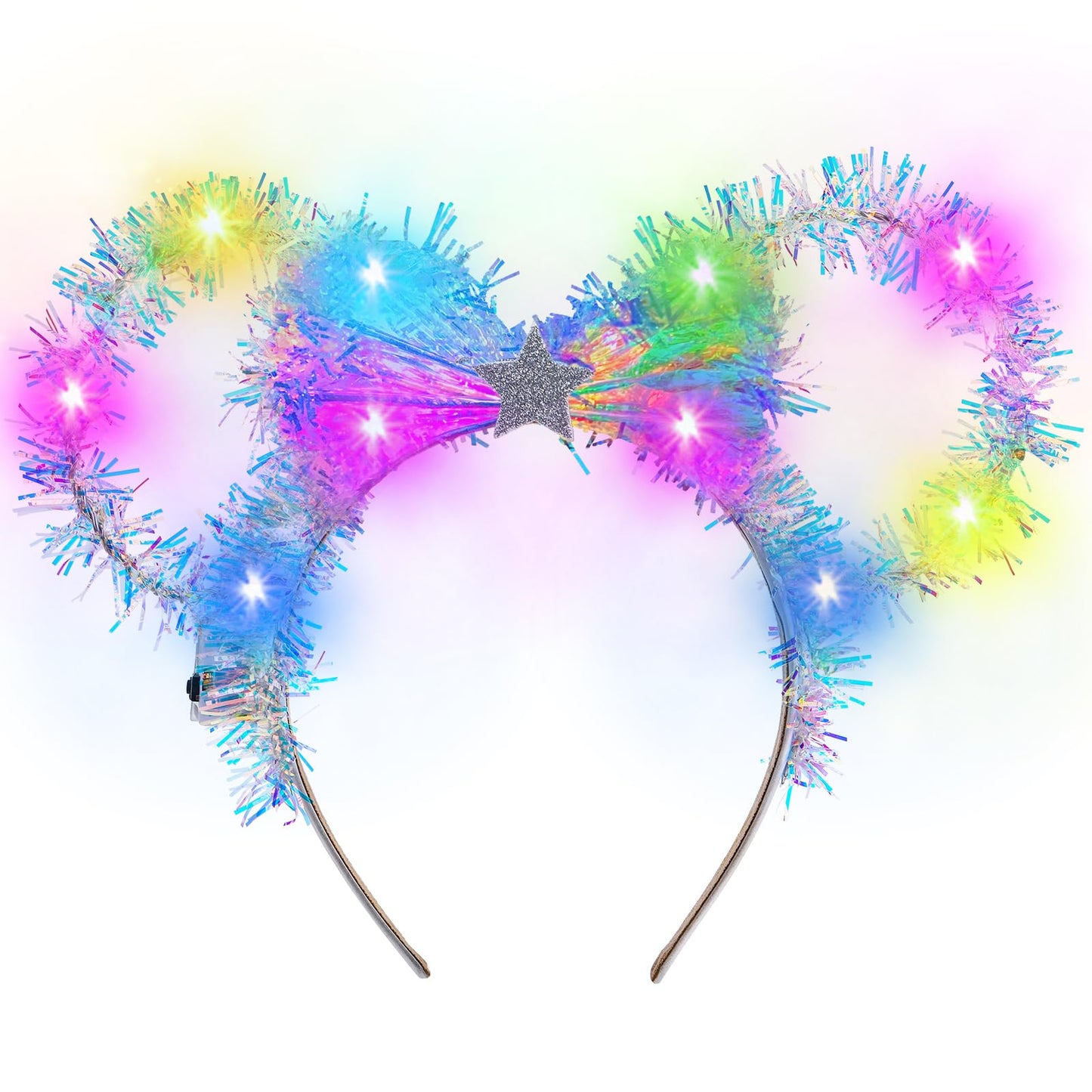 VISSTREE Laser Light Up LED Mouse Ears Headband Glow Hair Hoop Luminous Hair Band Glitter Flashing Headpiece for Holiday Rave Nightclub Costume Theme Park Birthday Halloween Party Hair Accessories