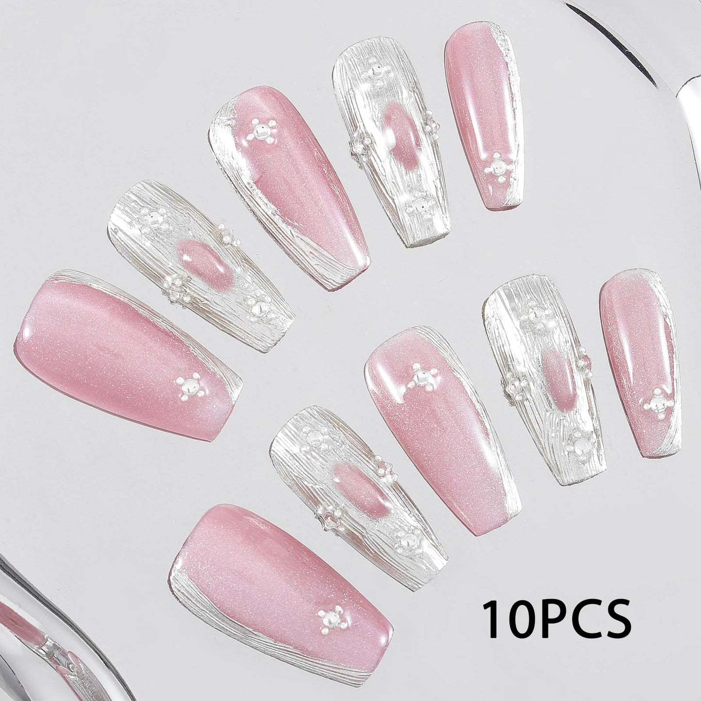 Sethexy Pink Cat Eye Handmade Press On Nails Long Coffin Glossy False Nails Acrylic Salon Fake Nails with Design for Women and Girls 10PCS (Pink3)