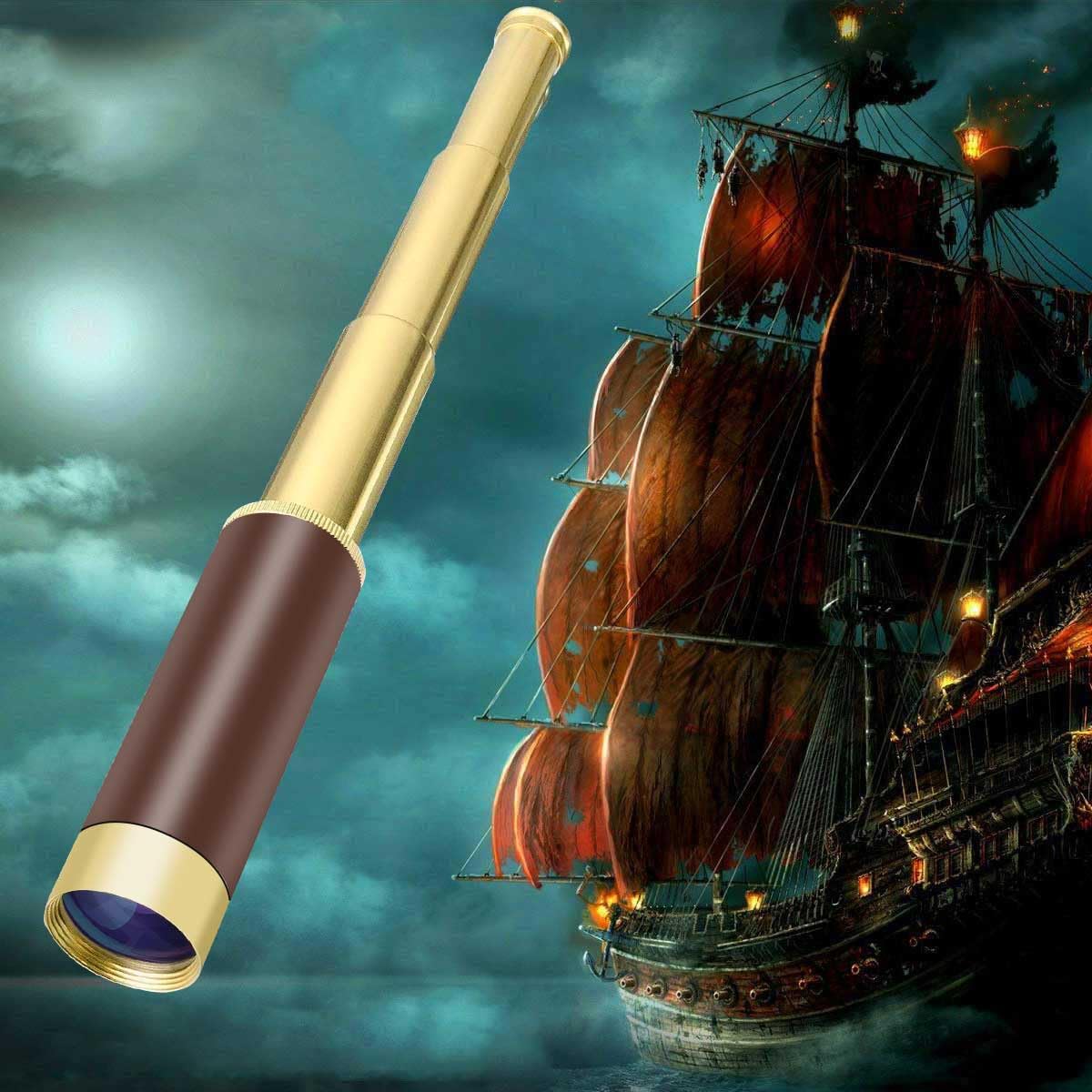 Pirate Monocular Telescope for Kids & Adults, Handheld Collapsible Brass Telescope 25x30 Zoomable Portable Pirate Spyglass for Cruise Ship Travel Watching Games Hiking Hunting and More