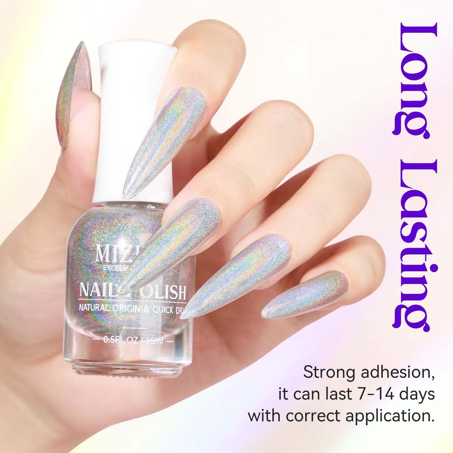 MIZHSE Holographic Nail Polish, Silver Glitter Nail Polish Air Dry Fast, 15 ml 0.5 fl oz High Glossy Shiny Nail Pigment Oil-based Laser Iridescent Nail Polish Chrome Halo Nail Art Salon Manicure Home