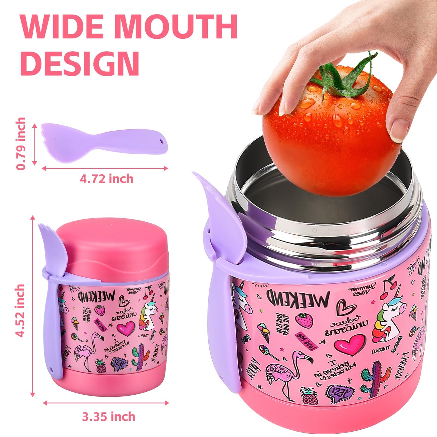 Pawtong 10oz Soup Thermo for Hot Food Kids Insulated Food Jar,Thermo Hot Food Lunch Container, Width Mouth Stainless Steel Lunch Box for Kids with Spoon (Pink-flamingo)