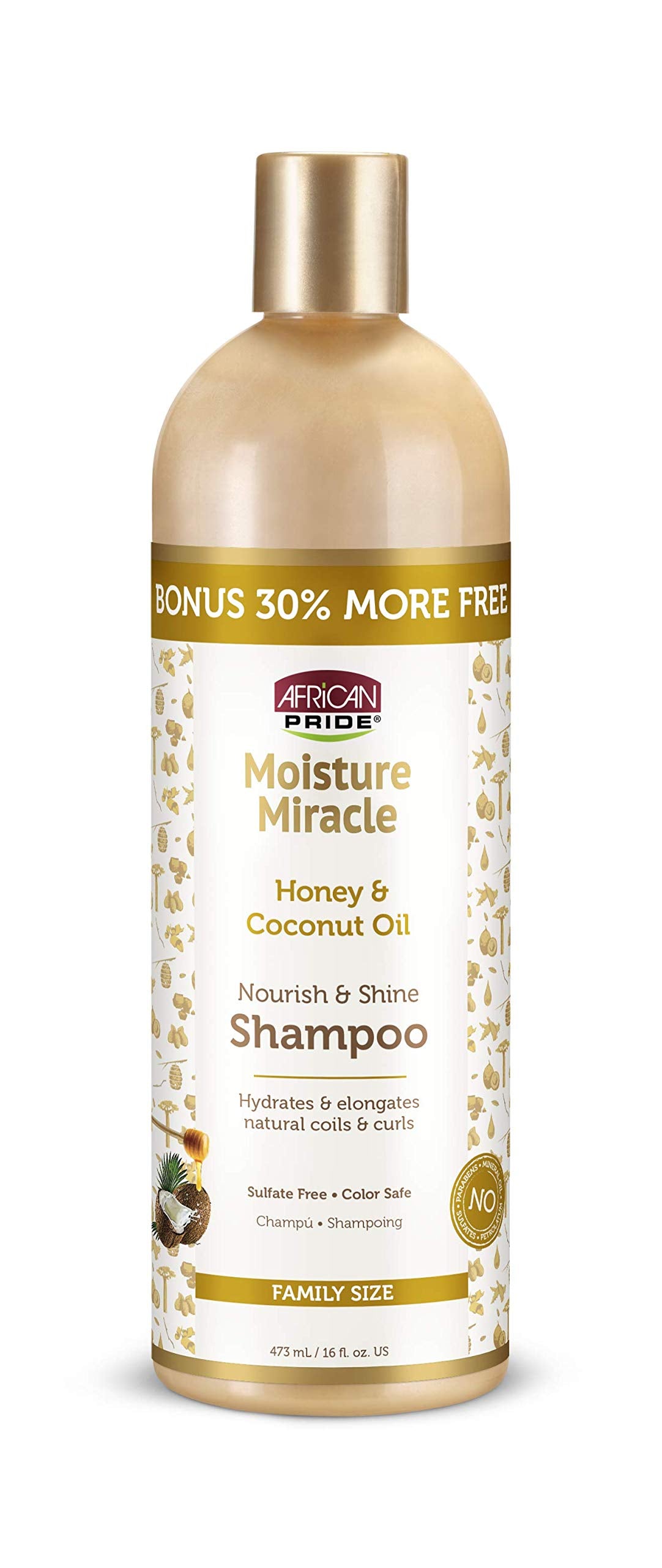 African Pride Moisture Miracle Honey & Coconut Oil Shampoo - For Natural Coils & Curls, Nourishes & Shines, Sulfate Free, Color Safe, Family size,16 oz.
