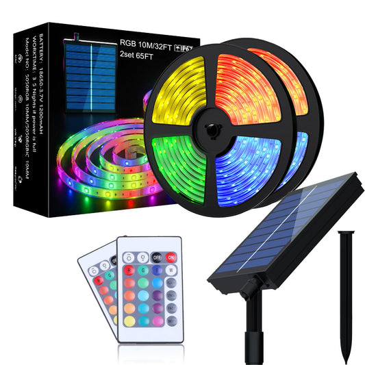 Uniontang UT Solar Powered Outdoor Light Strip, 32.8FT Solar Garden RGB Strip Light Decoration with Remote for Patio Tree Christmas Wedding Party Pool Decoration(2nd Gen, IP66, 10M a Rolls, 2 Rolls)