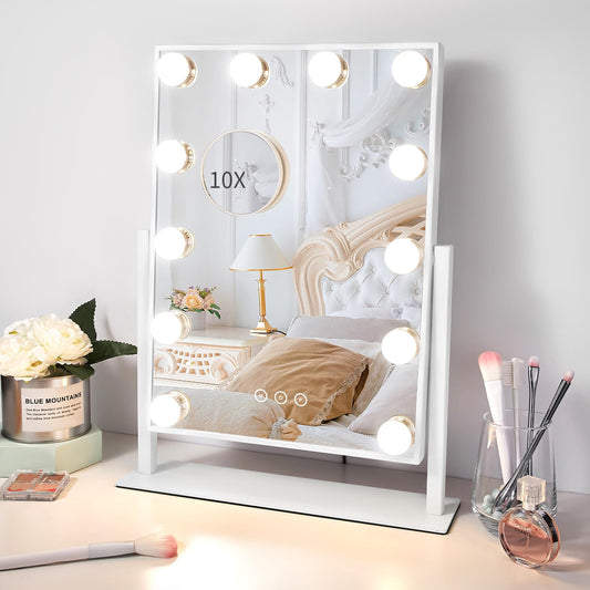 Kotdning Vanity Mirror with Lights,Lighted Vanity Mirror with 12 Dimmable Bulbs for Dressing Room & Bedroom,3 Color Lighting,Modes Detachable 10x Magnification 360°Ratation (White-12 Bulbs)
