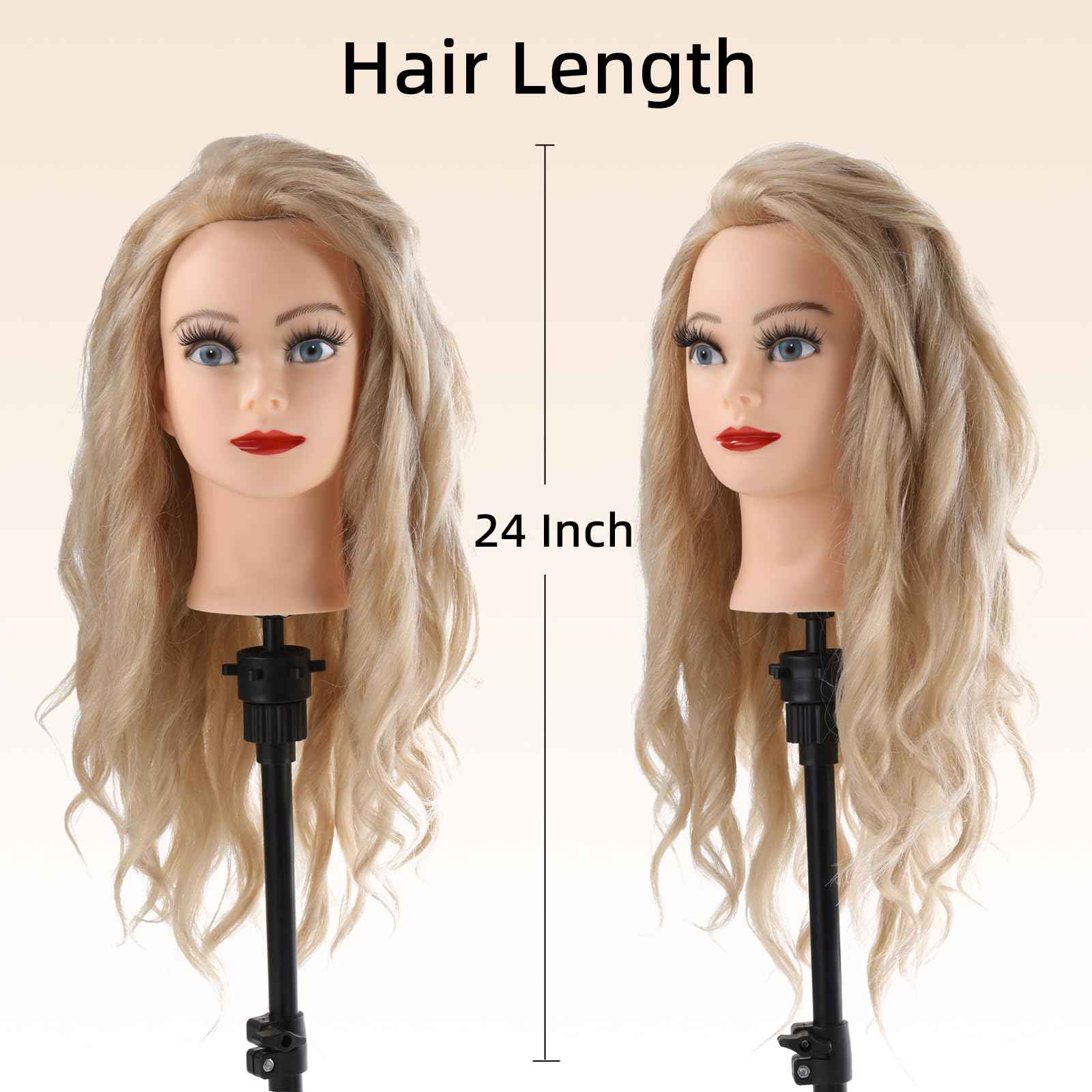 Mannequin Head Human Hair, 24”Mannequin Head with 70% Real Hair Mannequin Cosmetology Manikin Practice Doll Head for hair styling Braiding Hairdressing Head with Table Clamp + DIY Hair Styling Set