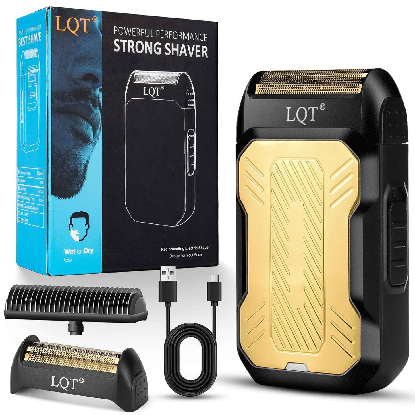 LQTⓇ Mini Foil Shaver, Portable Cordless Electric Shaver for Men, Equipped with a Set of Replacement Heads, USB-C Charging Cable, and Cleaning Brush, Suitable for Travel and Home use. (Golden)