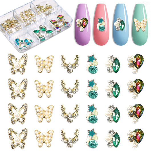 XEAOHESY 24pcs 3D Alloy Gold Butterfly Nail Charms for Nails Nail Pearls for Nail Art Big Diamonds for Nails Nail Pearls Diamonds for 3D Nails Art 3D Nail Charms for Acrylic Nails