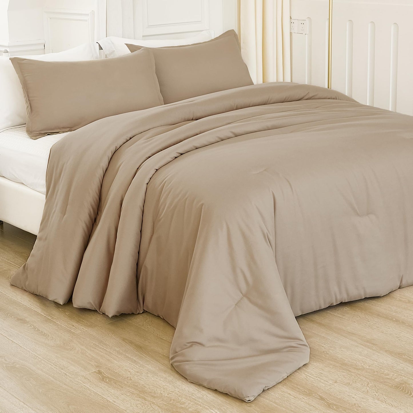 Litanika Taupe Tan Twin/Twin XL Comforter Set, 2 Pieces Solid Bedding Comforter Set, All Season Fluffy Bed Set (66x90In Comforter & 1 Pillowcase)