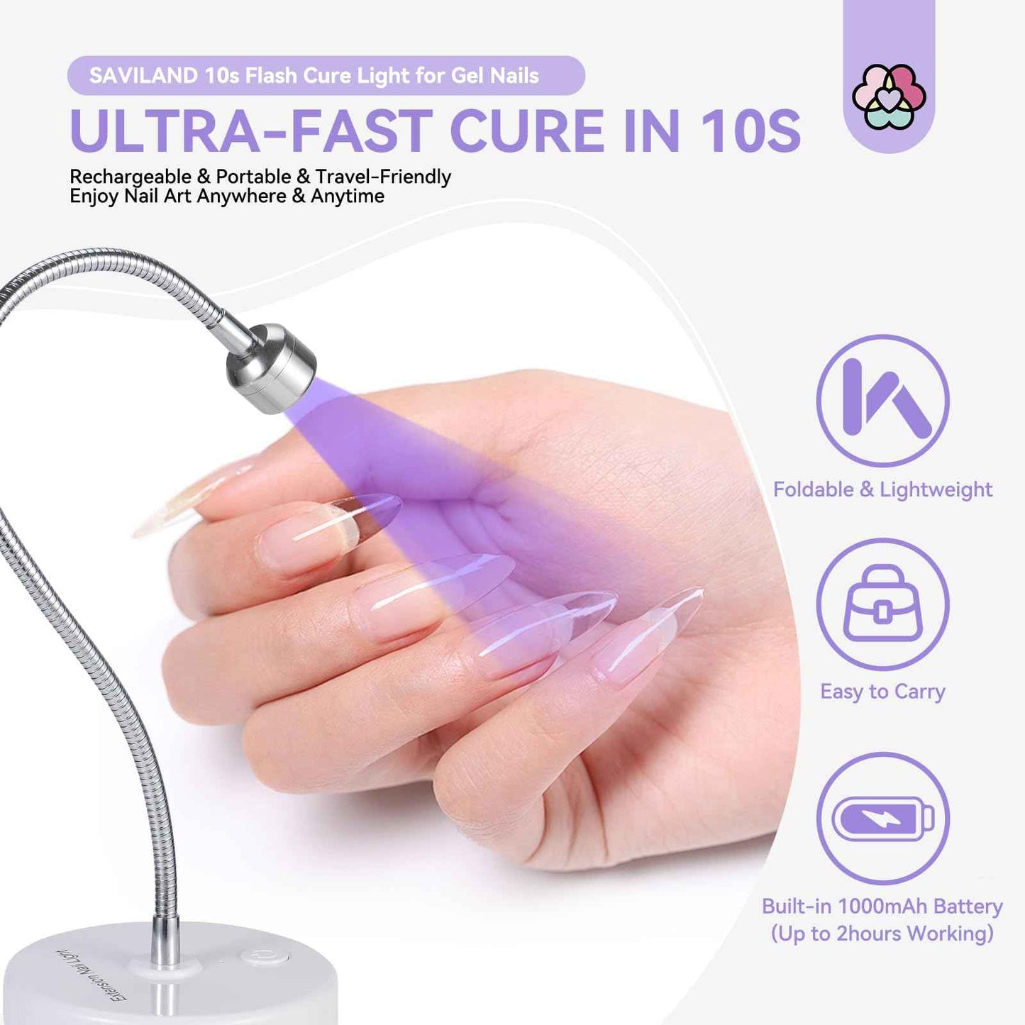 SAVILAND Gooseneck U V Lamp for Gel Nails:Touch Switch 12W U V Nail Lamp 5S Quick Drying LED Fast Curing Lamp Rechargeable Gel Lamp 3Timers Setting 360° Adjustable Home Salon Manicure Nail Dryer