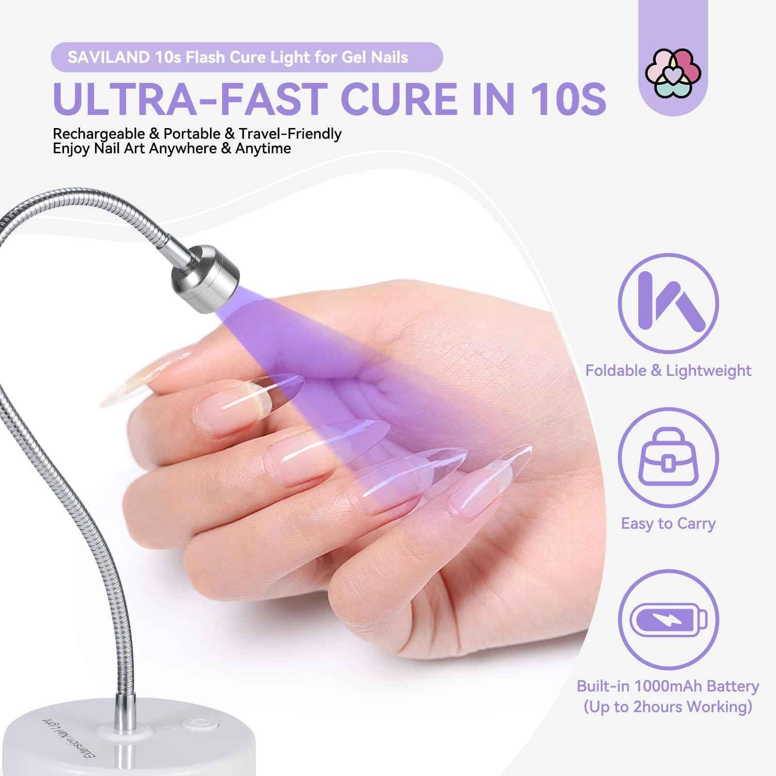 SAVILAND Gooseneck U V Lamp for Gel Nails:Touch Switch 12W U V Nail Lamp 5S Quick Drying LED Fast Curing Lamp Rechargeable Gel Lamp 3Timers Setting 360° Adjustable Home Salon Manicure Nail Dryer