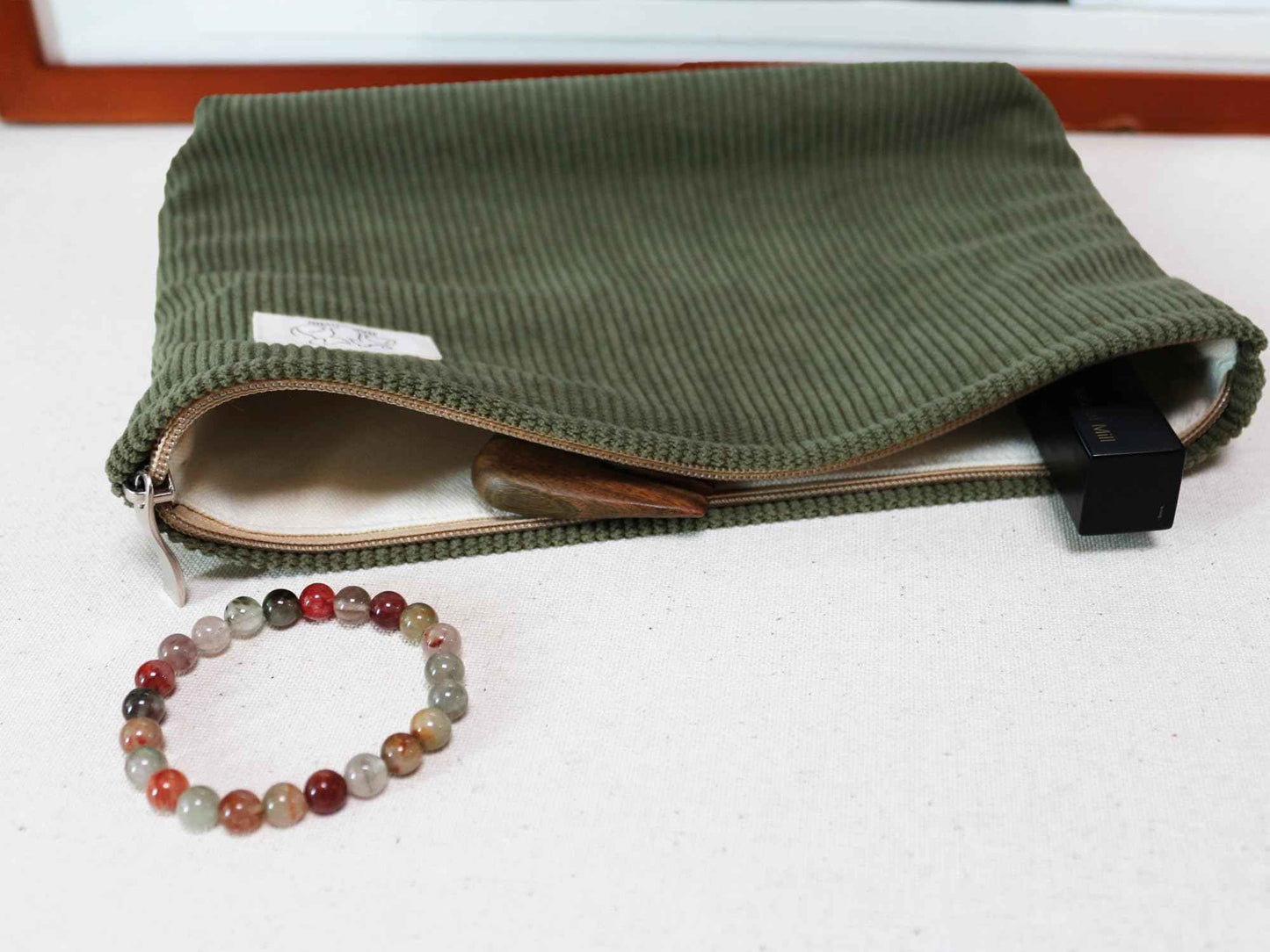 HAPPYHEIDI Navy Green Corduroy Makeup Bag Cosmetic Toiletry Travel Pouch, Make Up Accessory Purse Organizer, Canvas Lined