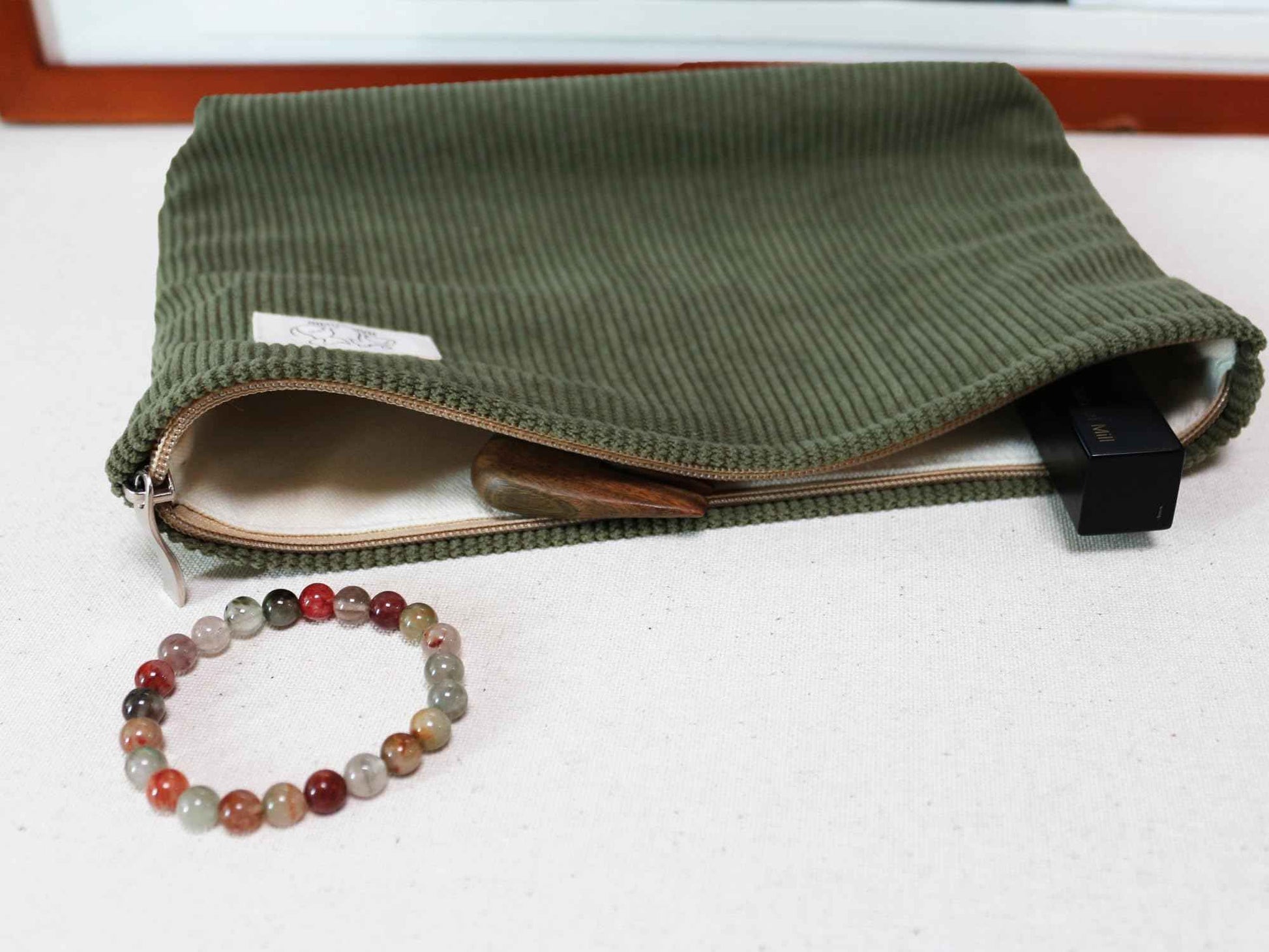 HAPPYHEIDI Navy Green Corduroy Makeup Bag Cosmetic Toiletry Travel Pouch, Make Up Accessory Purse Organizer, Canvas Lined