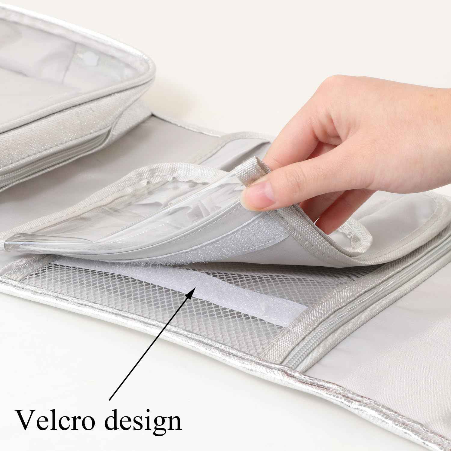 Charmix Travel Toiletry Bag for Women,Hanging Travel Toiletry Bag with Jewelry Organizer Compartment,Makeup Bag, Waterproof and Dirt Resistant, Travel Essentials,Bright Silver