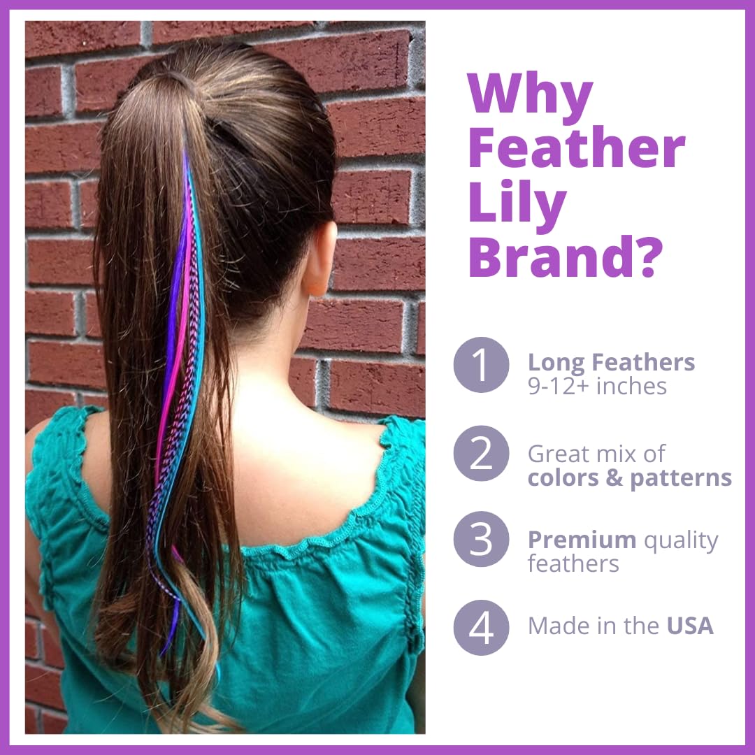 Hair Feathers Extensions Kit, Long Real Rooster Feathers for Hair, DIY Microlink Beads and Loop Tool, Hot Pink, Purple and Turquoise Blue