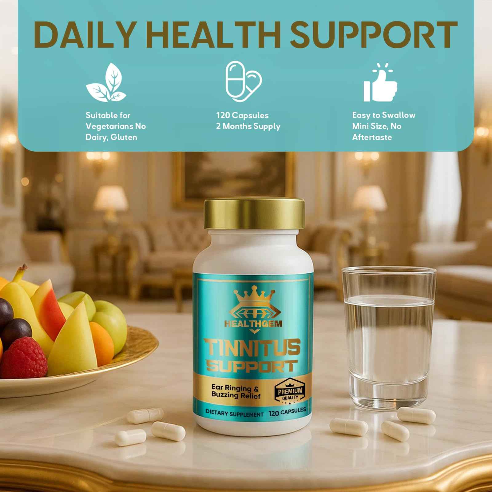 HEALTHGEM Tinnitus Relief for Ringing Ears,120 Capsules Tinnitus Relief Supplement, Natural & Effectively Relieve Earache & Reduce Ear Noise for Men & Women | 60-Day Supply
