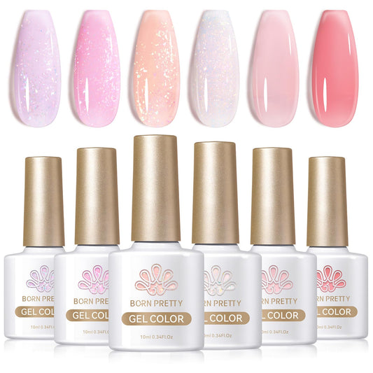 BORN PRETTY Jelly Gel Nail Polish Set Sheer Nude Pink Crystal Transparent Shimmer Sequins Art Varnish Manicure Collection Gift 10ML 6PCS