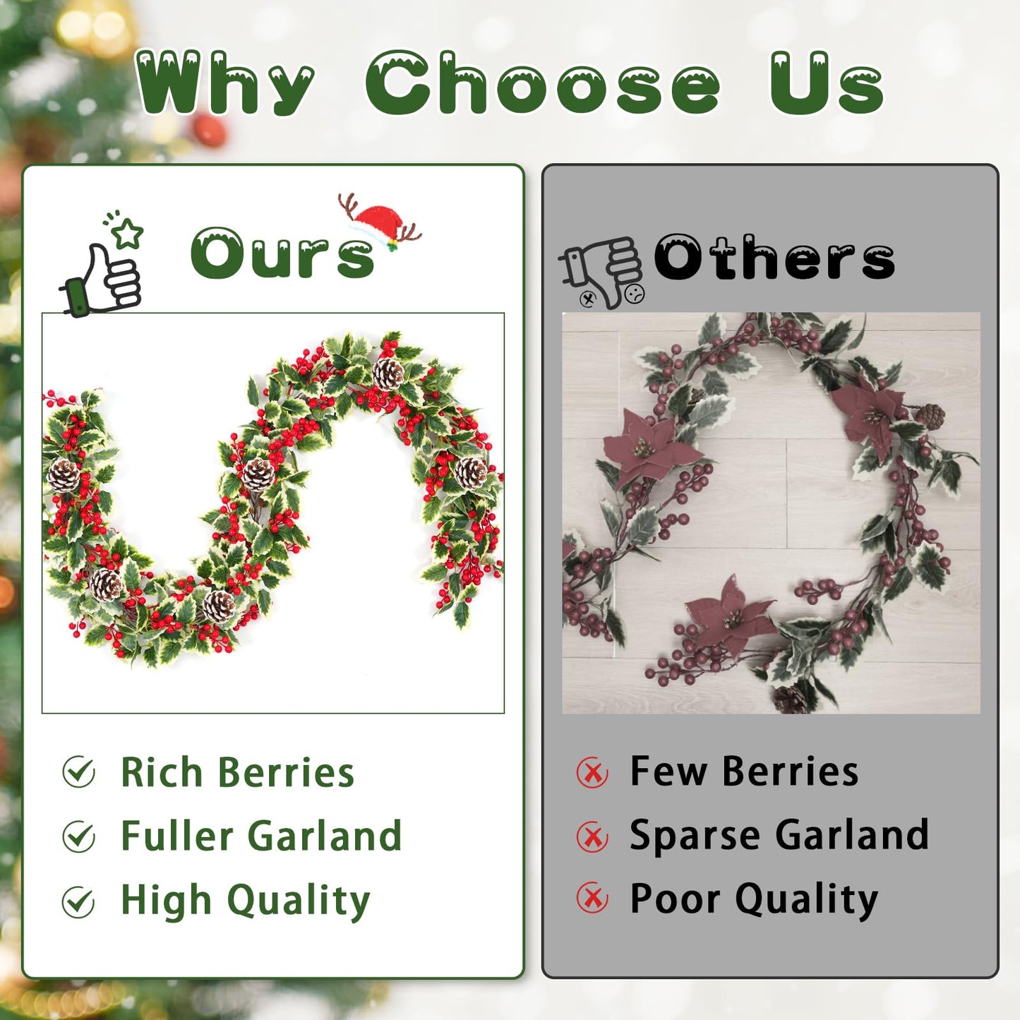 Christmas Garland, 2Pcs Red Berry Garland with Pine Cones, Green Garland Christmas Decorations Indoor, Christmas Tree Garland for Mantle Holly Outdoor Home Table New Year Decor