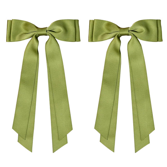 2PCS Silky Satin Hair Bows Ribbon Hair Clips, Fall Alligator Hair Pins, Ponytail Holder Accessories Sides Metal Hair Bow Barrettes Hair Accessories for Women Girls Kids (Green)