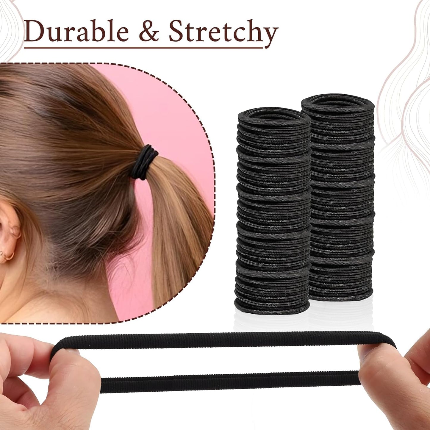 Neva Nude No Damage Elastic Black Hair Tie Bands 250 Pack – Stylish & Durable 4mm Hair Ties – Snag Free & Gentle for Thin Thick Straight Curly Hair…