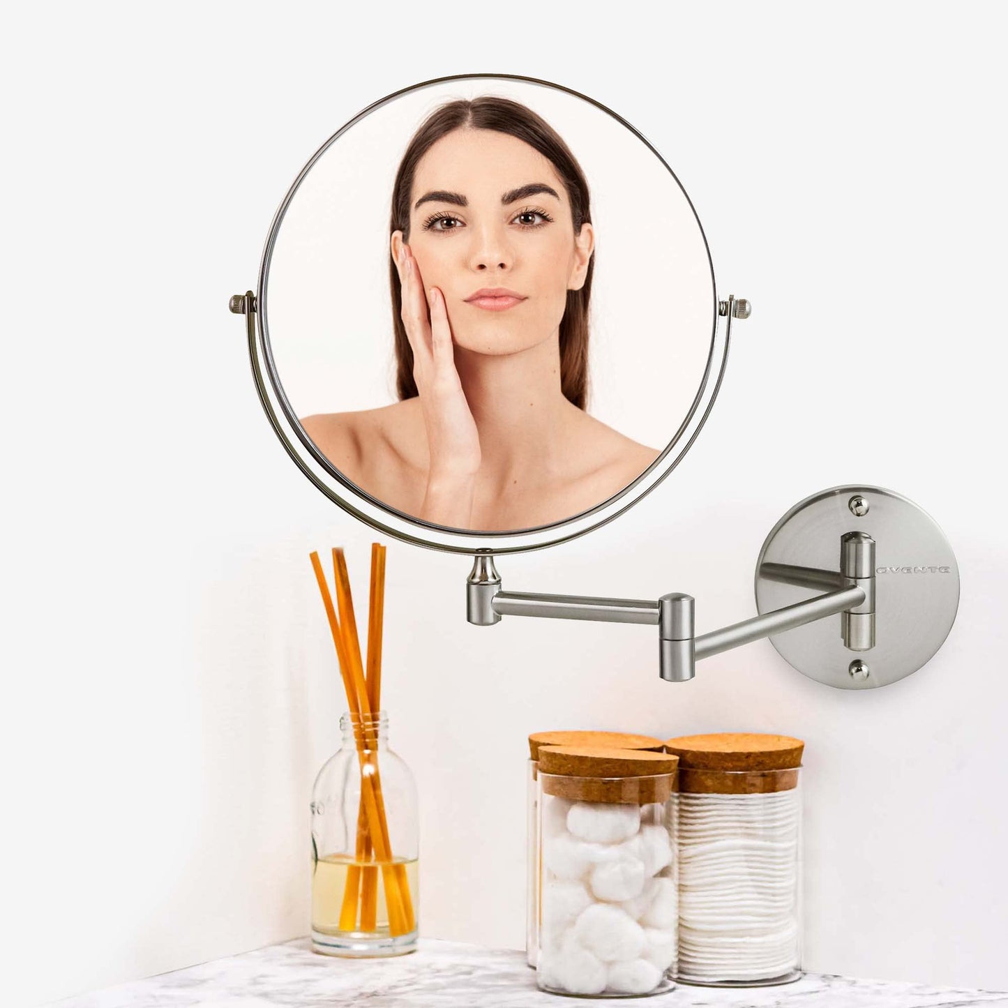 OVENTE 9" Wall Mounted Makeup Mirror with 1X/10X Magnification, Double Sided Magnifying Round Bathroom Vanity Mirror, 360° Swivel Design, Extendable and Folding Arm, Nickel Brushed MNLFW90BR1X10X