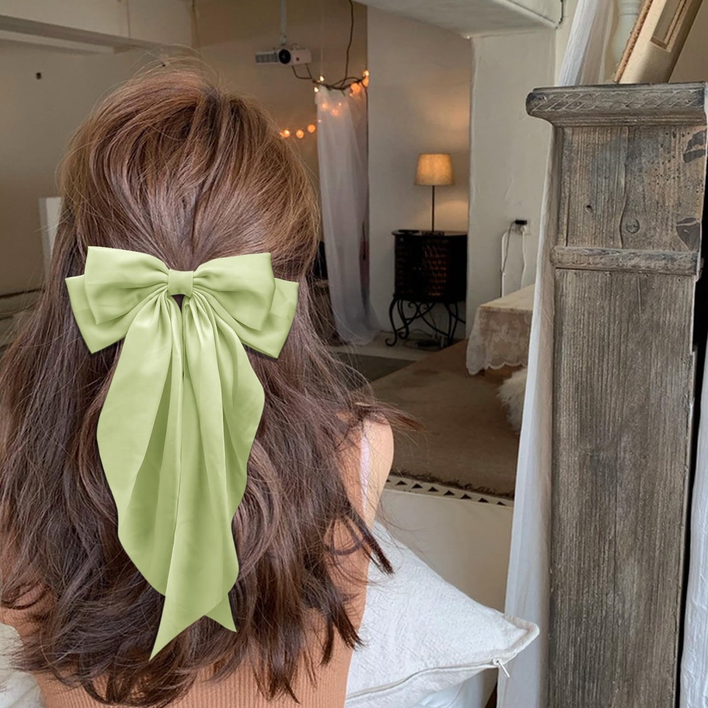 Large Hair Bows for Women Olive Green Silky Satin Hair Bow Hair Clips Long Tail Oversize Hair Ribbon Coquette Bows Hair Barrettes for Girls