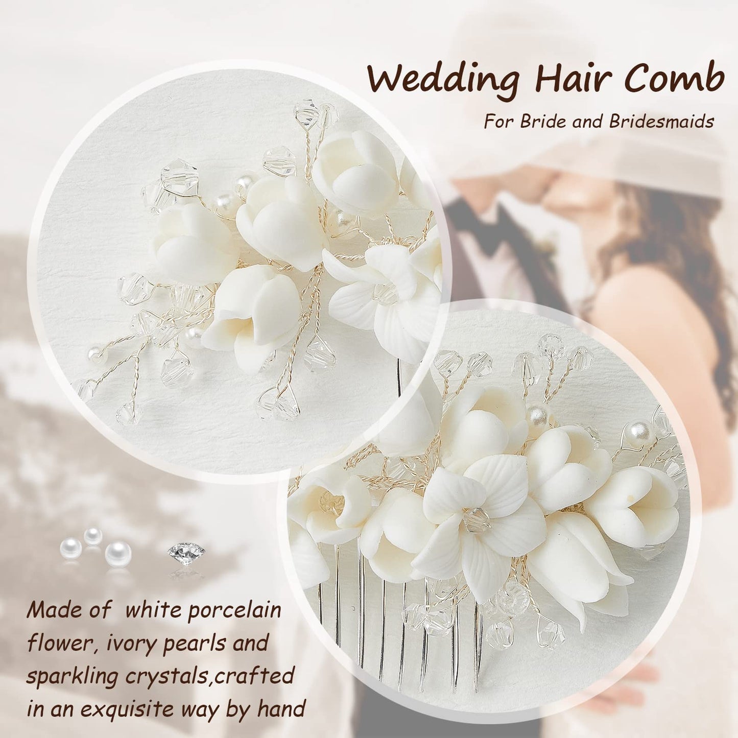 Sooshin Porcelain Flower Bridal Hair Accessory with Pearls, Crystals, and Rhinestones - Hair Comb for Brides, Bridesmaids, and Women