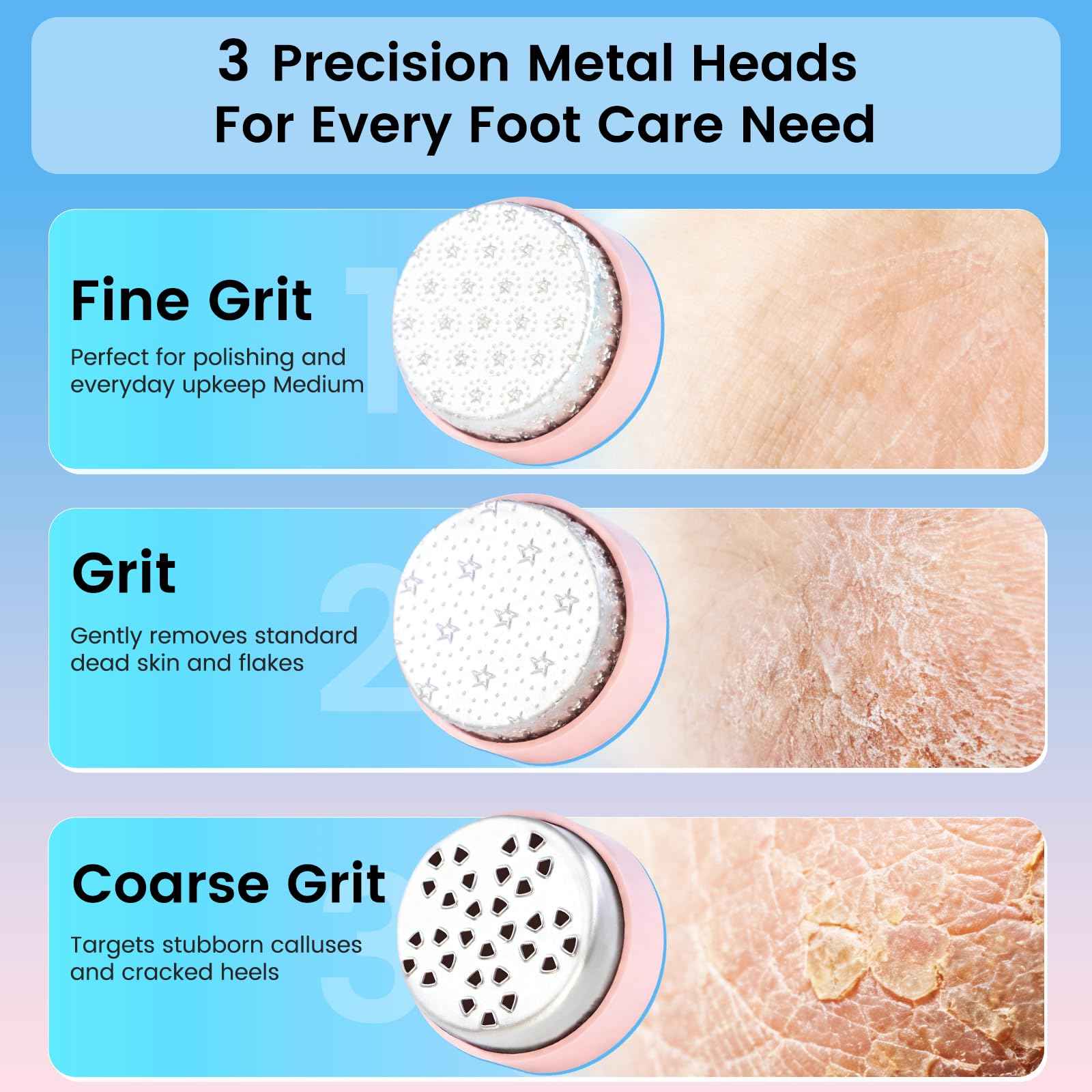 Wireless Electric Foot File - Callus Remover Tool for Feet, Rechargeable Pedicure Tool with 3 Replaceable Grinding Heads, Professional Adjustable Speed Foot Files for Dead Skin, Cracked Heels (Pink)