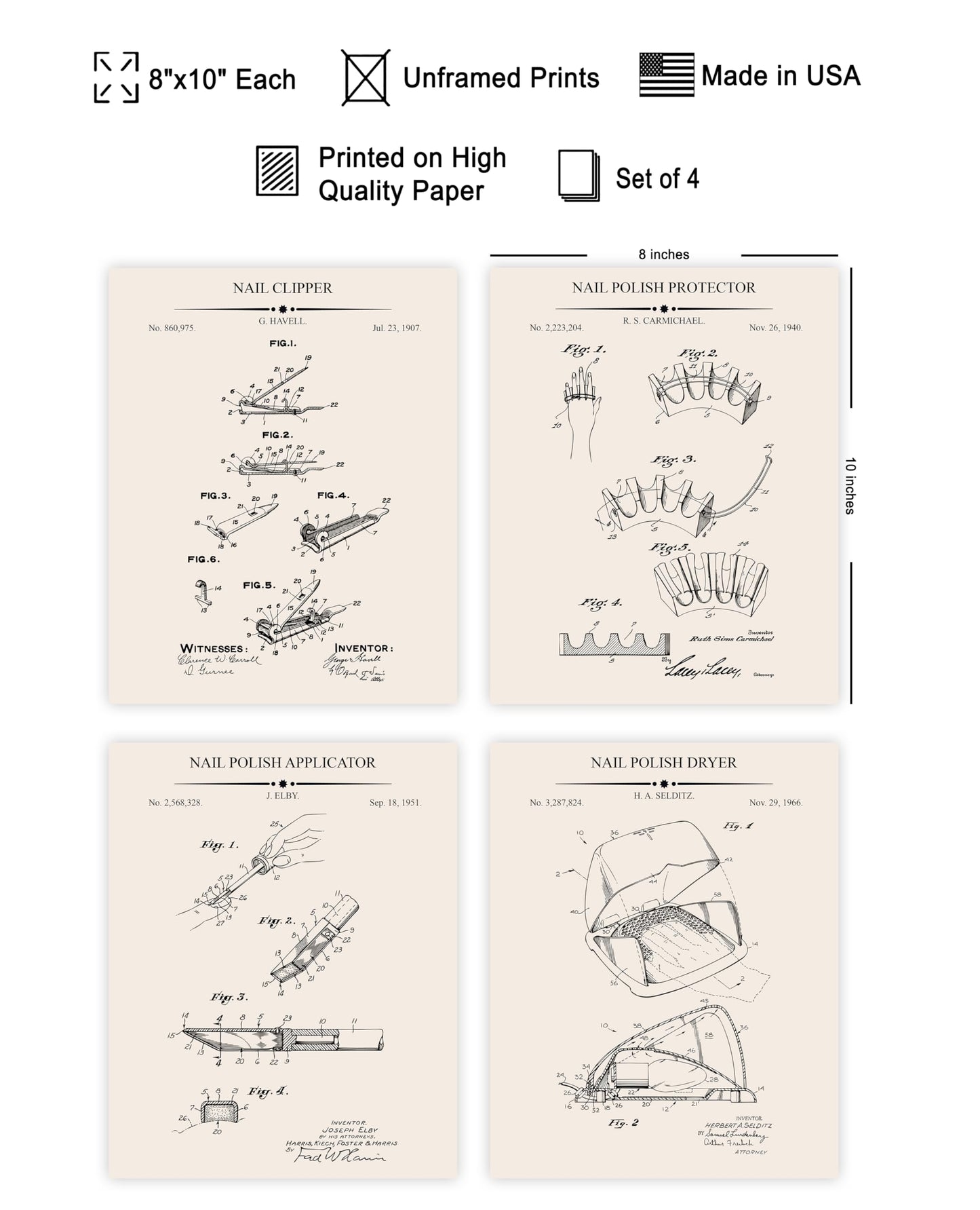 Poster Master 4-Piece Nail Clipper Blueprint Poster - Nail Polish Protector Patent Print - Polish Applicator Art - Dryer Art - Salon Art - Technical Drawing Art - Salon Decor - 8x10 UNFRAMED Wall Art