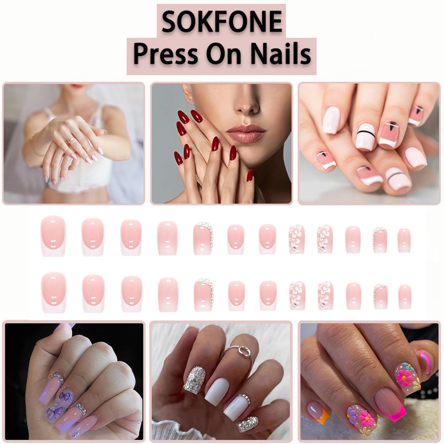 24Pcs Press on Nails Medium Square Fake Nails Pink White False Nails with Rhinestones Flower Designs Stick on Nails French Tip Acrylic Nails Full Cover Glossy Manicure for Women