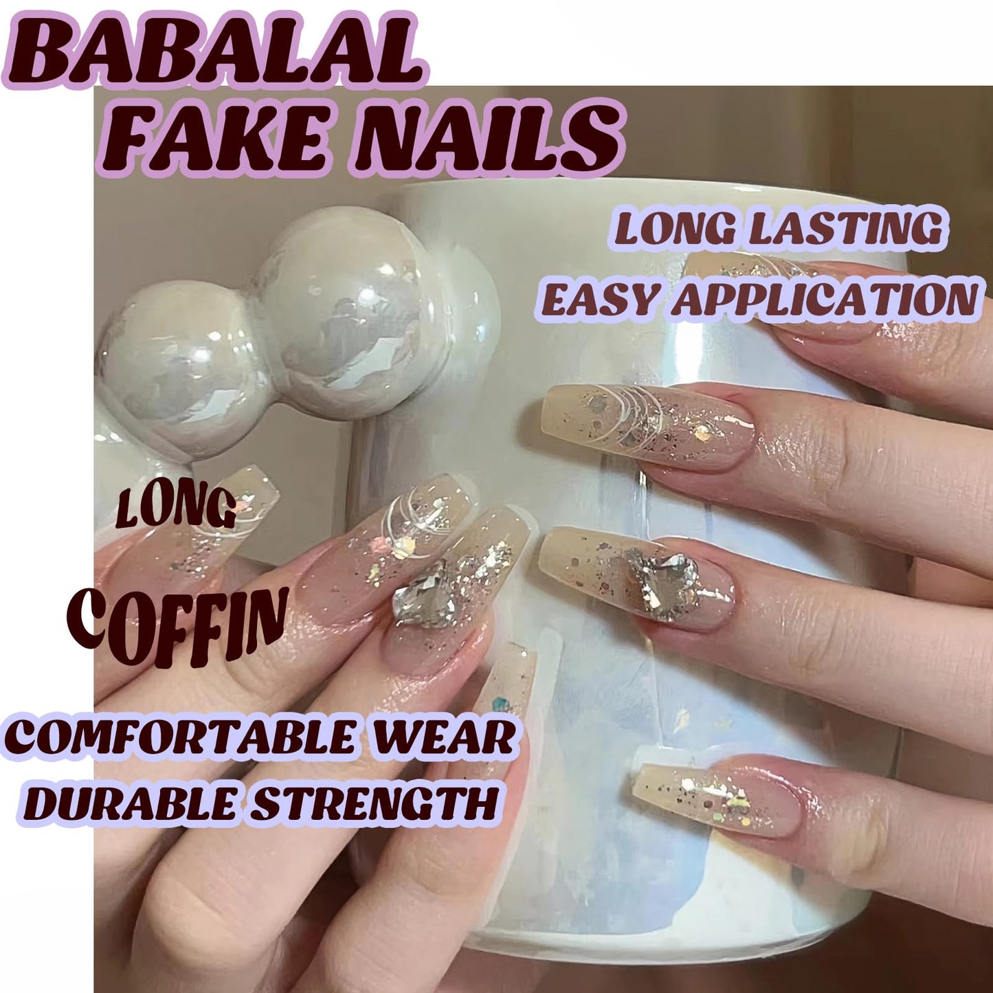 BABALAL Coffin Press on Nails Long Fake Nails Nude Glue on Nails Glitter Foil Shiny Valentines Acrylic Nails 3d Heart Charm 24Pcs Ballerina Manicure Sparkly Sequins False Nails for Women and Girls