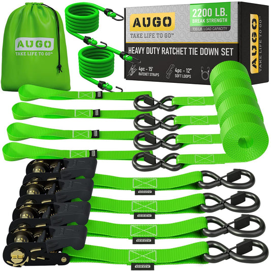 AUGO Ratchet Straps Heavy Duty 4 Pack -15 FT - 2200 LB Break Strength – Ratchet Tie Down Straps with Safety Lock S Hooks - Cargo Straps for Moving, Appliances, Motorcycle – Soft Loop Tie Down Straps