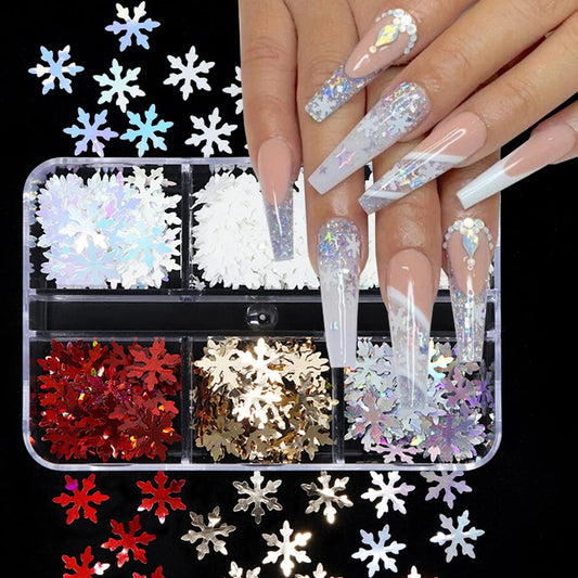 6 Colors Snowflake Glitter Nail Sequins - Snowflakes 3D Nail Art Luxury Flakes Holographic Laser Snow Flakes Christmas Nail Glitters Xmas Winter Nail Stickers for Acrylic Nails Art Decorations Crafts