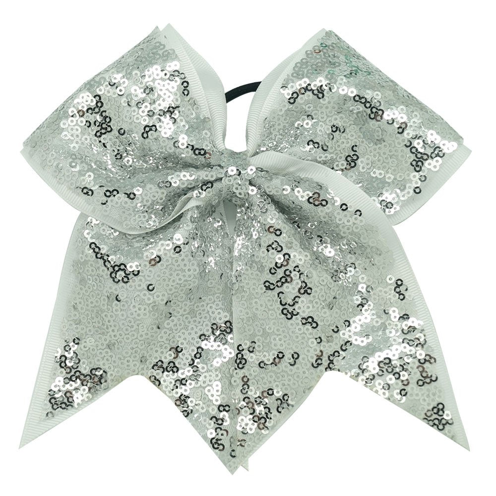 CN 7" Cheerleader Bows Sequined Ponytail Holder Elastic Band Handmade White Cheer Bows for Cheerleading Teen Girls College Sports Softball Gifts Hair Accessories - 4pcs