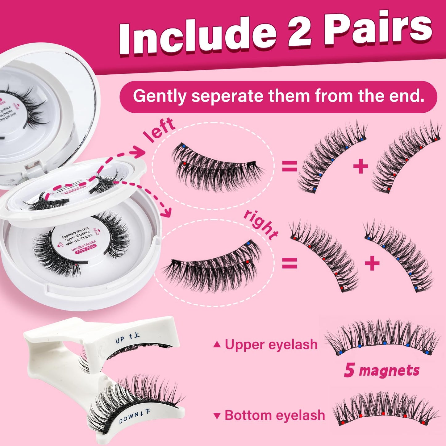 Magnetic Eyelashes With Applicator Long Lasting And Reusable Magnetic Lashes Kit 5Pcs Magnets Per Piece No Glue Needed False Eyelashes Waterproof,Cruelty Free,Easy To Wear(2Pairs,Vibrant+Blissful)