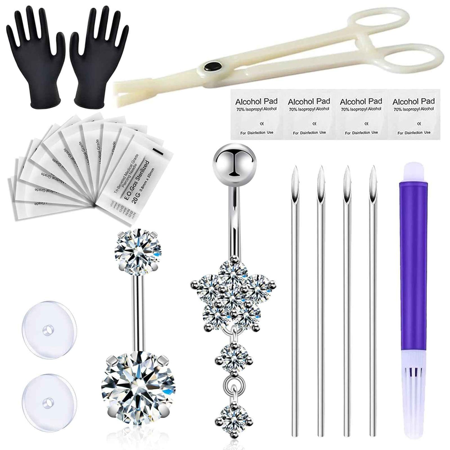 judero Belly Piercing Kit 16Pcs Belly Button Piercing Kit Includes 2Pcs 14G Belly Button Rings 1Piercing Clamp 4Piercing Kits 4Clean Pad 2Piercing Discs 1Marker Pen 2Gloves Piercing Supplies