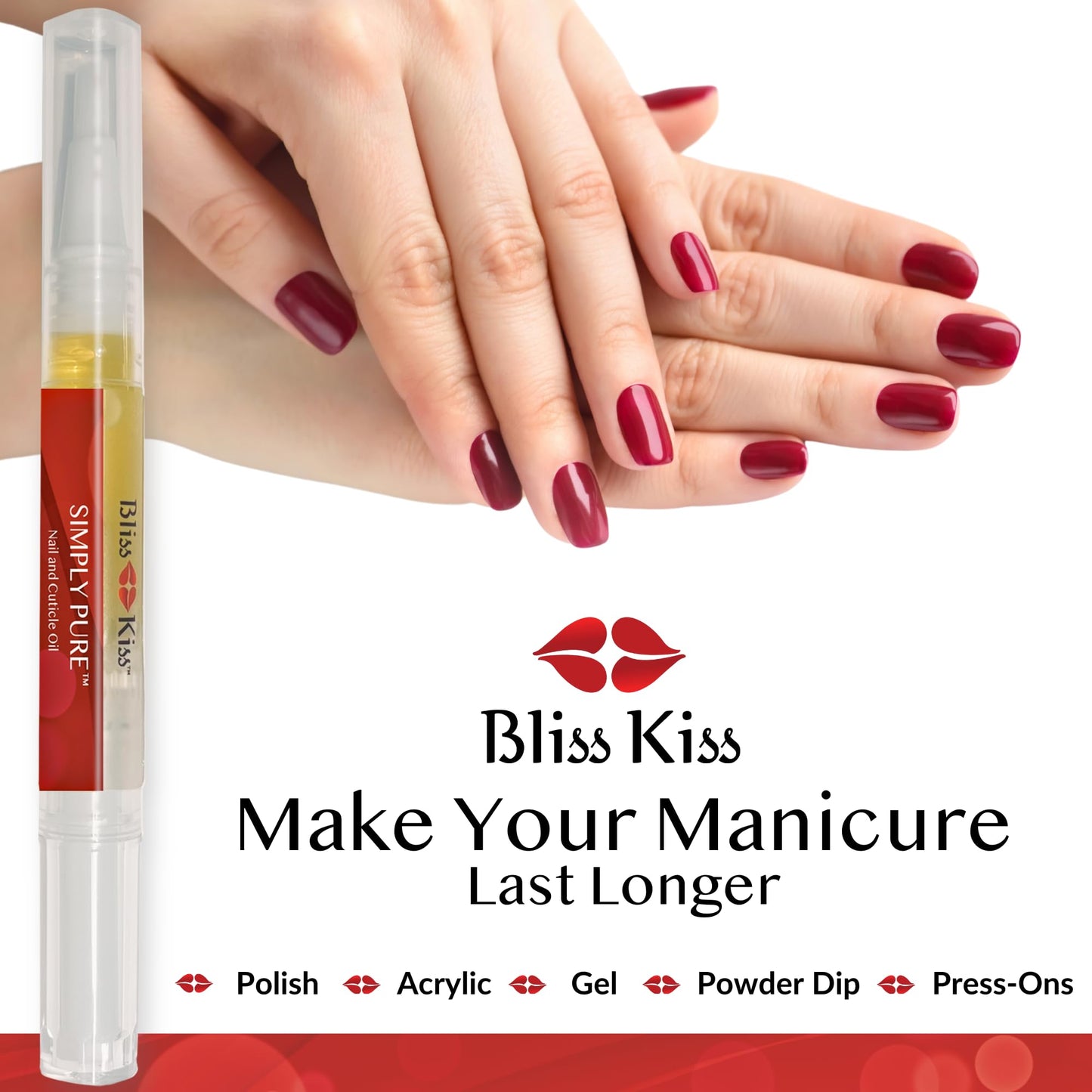 Bliss Kiss | 1 Fragrance Free | Nail Oil Cuticle Pen w/Vitamin E & Jojoba⏤Nail Strengthener Nail Growth Serum for Brittle Peeling Breaking Thin Nails