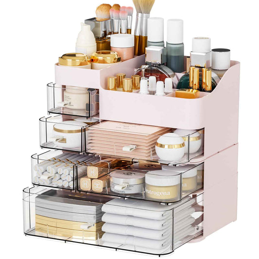 SuoXing Makeup Organizer for Vanity,Large 6 Drawers Make up Organizers for Counter,Plastic Cosmetic Storage Organizer for Dresser Countertop or Bathroom,Beauty Holder for Lipstick,Brush,Skincare,Pink