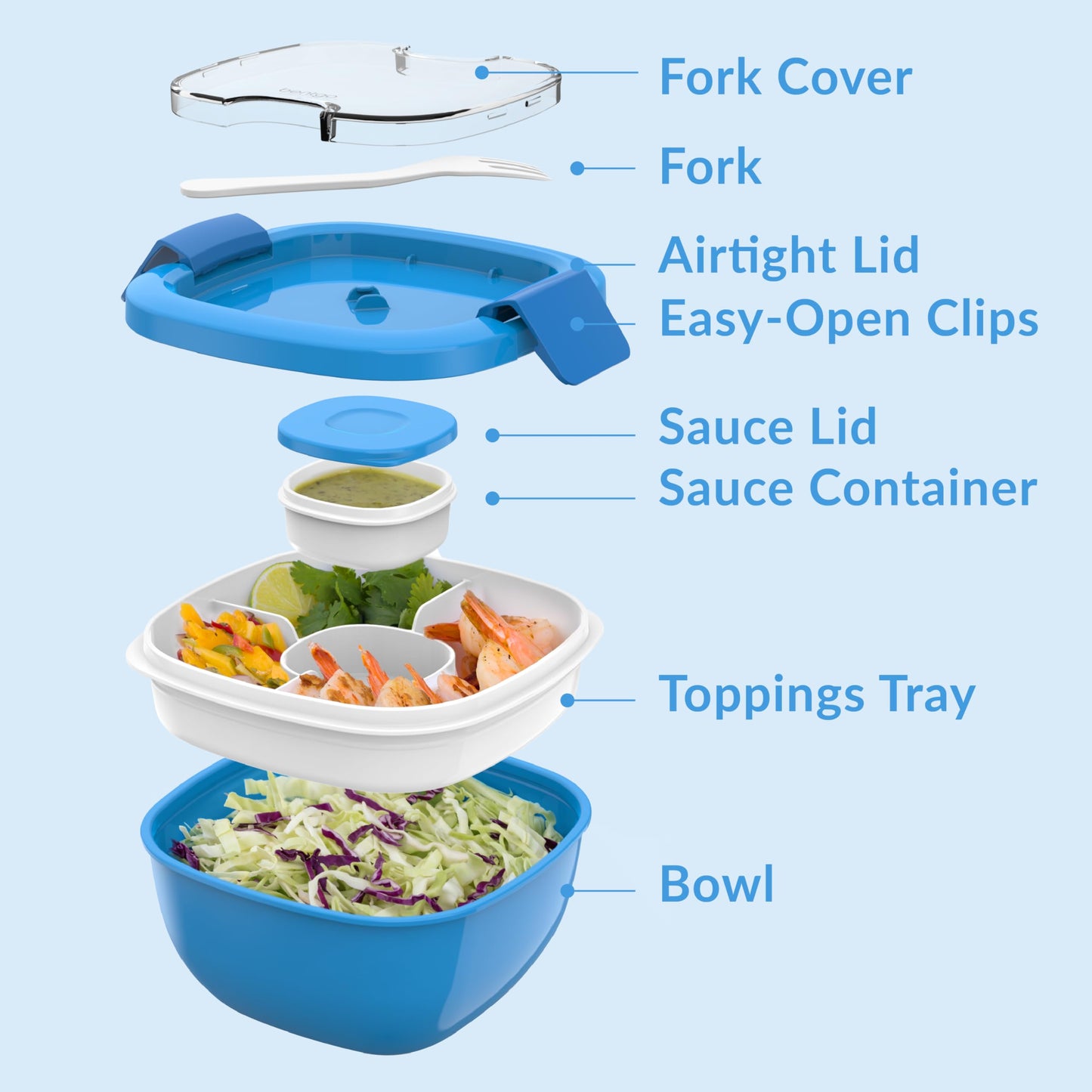 Bentgo All-in-One Salad Container - Large Salad Bowl, Bento Box Tray, Leak-Proof Sauce Container, Airtight Lid, & Fork for Healthy Adult Lunches; BPA-Free & Dishwasher/Microwave Safe (Blue)