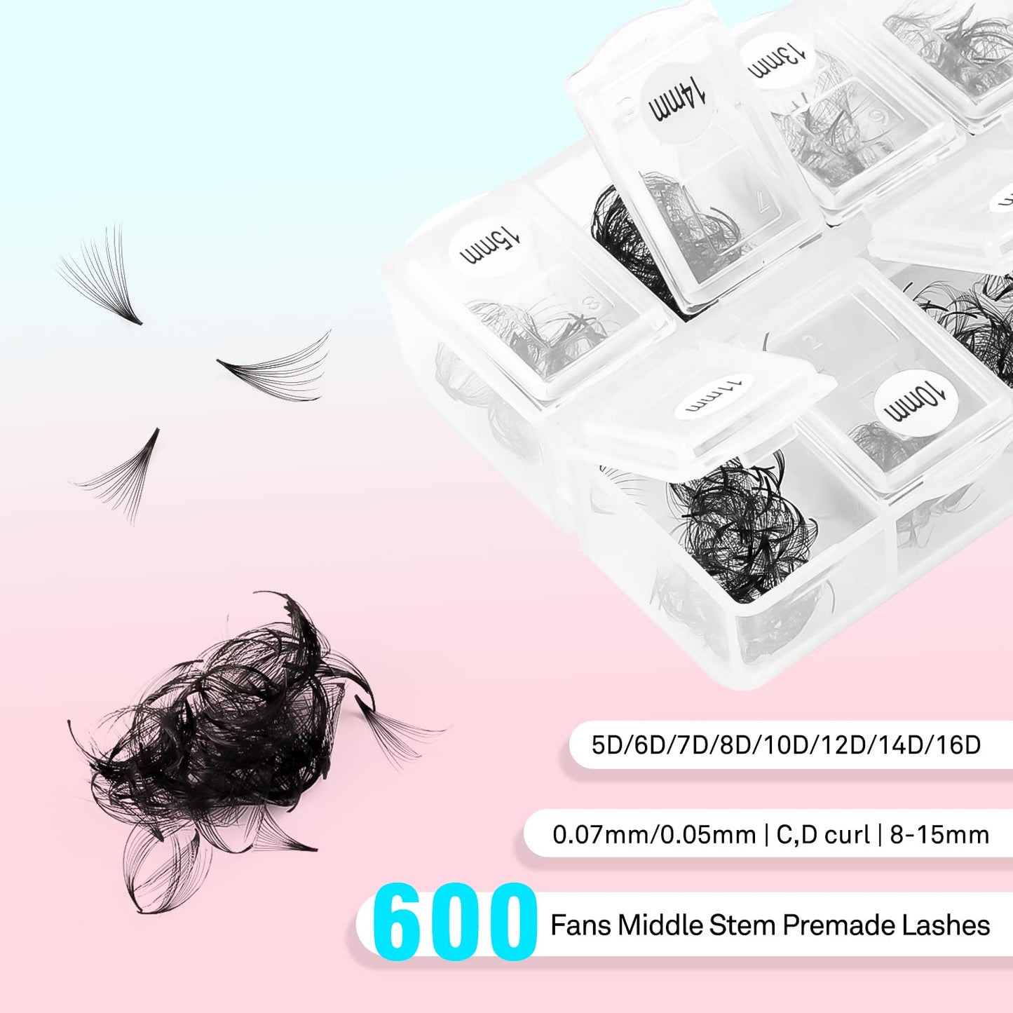 VAVALASH 600 Fans Premade Fans Eyelash Extensions 5D 6D 7D 8D 10D 12D 14D 16D 24D Premade Lash Fans 8-15mm Mixed Length Promade Loose Fans Thin Base Premade Volume Lash Extension(14D-0.07-D-8-15mm)