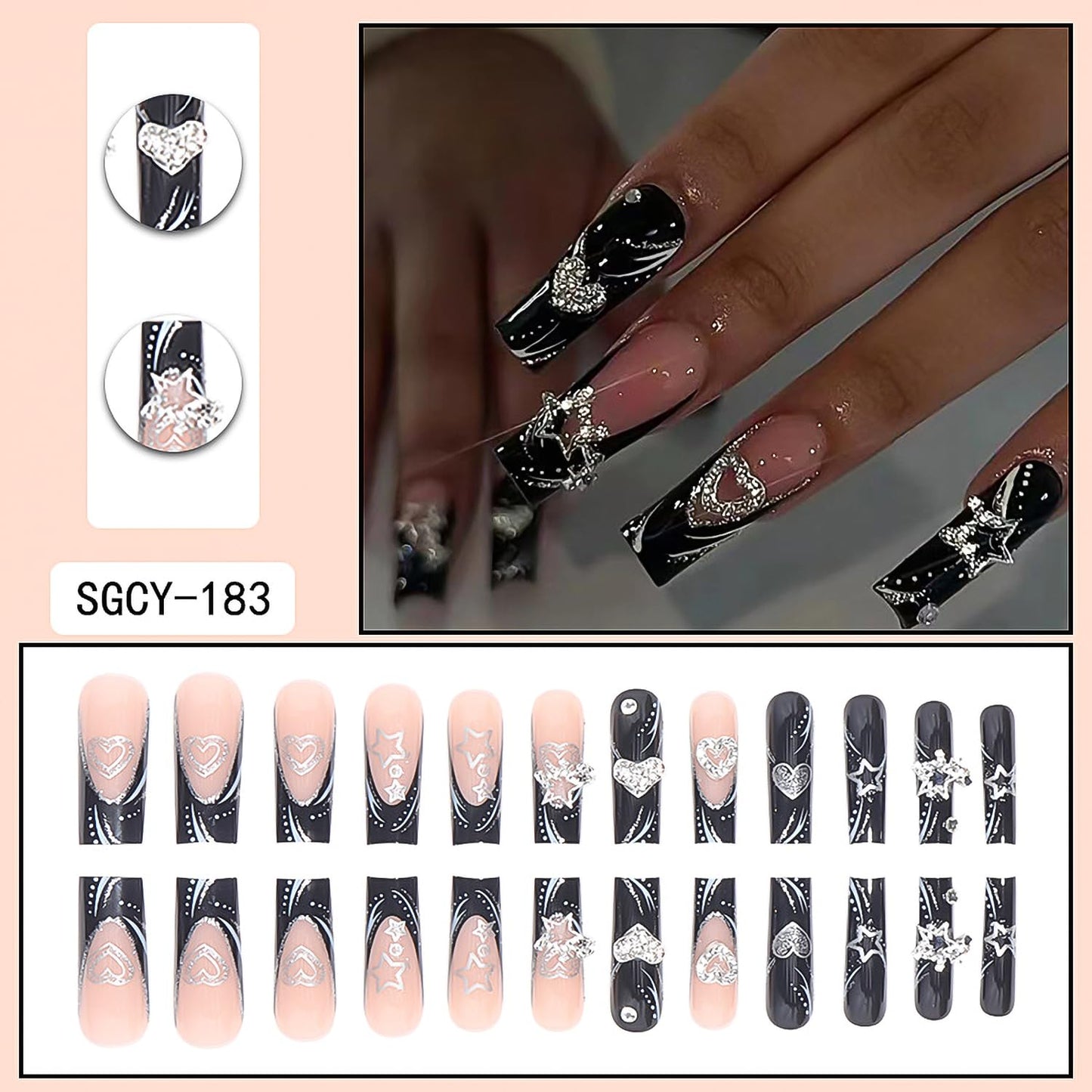 Sokfone Press on Nails French Tip Black False Nails Medium Square Fake Nails 3D Flower Rhinestone with Designs Artificial Nails Full Cover Nail Decorations for Women 24Pcs