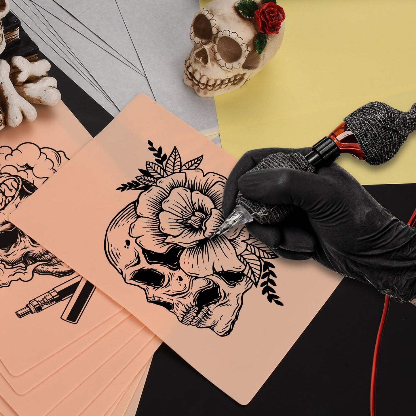 70 Pcs Tattoo Skin Practice Kit, Include 20 Pcs Tattoo Practice Skins & 50 Pcs Tattoo Transfer Paper, for Beginners Fake Skin Tattooing (7.5 * 5.8/11.6 * 8.2 IN)