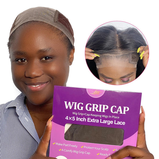 LAB HAIRS Lace Wig Cap with Grip Band for Keeping Wigs In Place, 4x5 Wider Transparent Lace for Lace Front Wig, Non-slip Cap for Glueless Wig, Adjustable Wig Grip Cap with Velcro Headband (Brown-M)