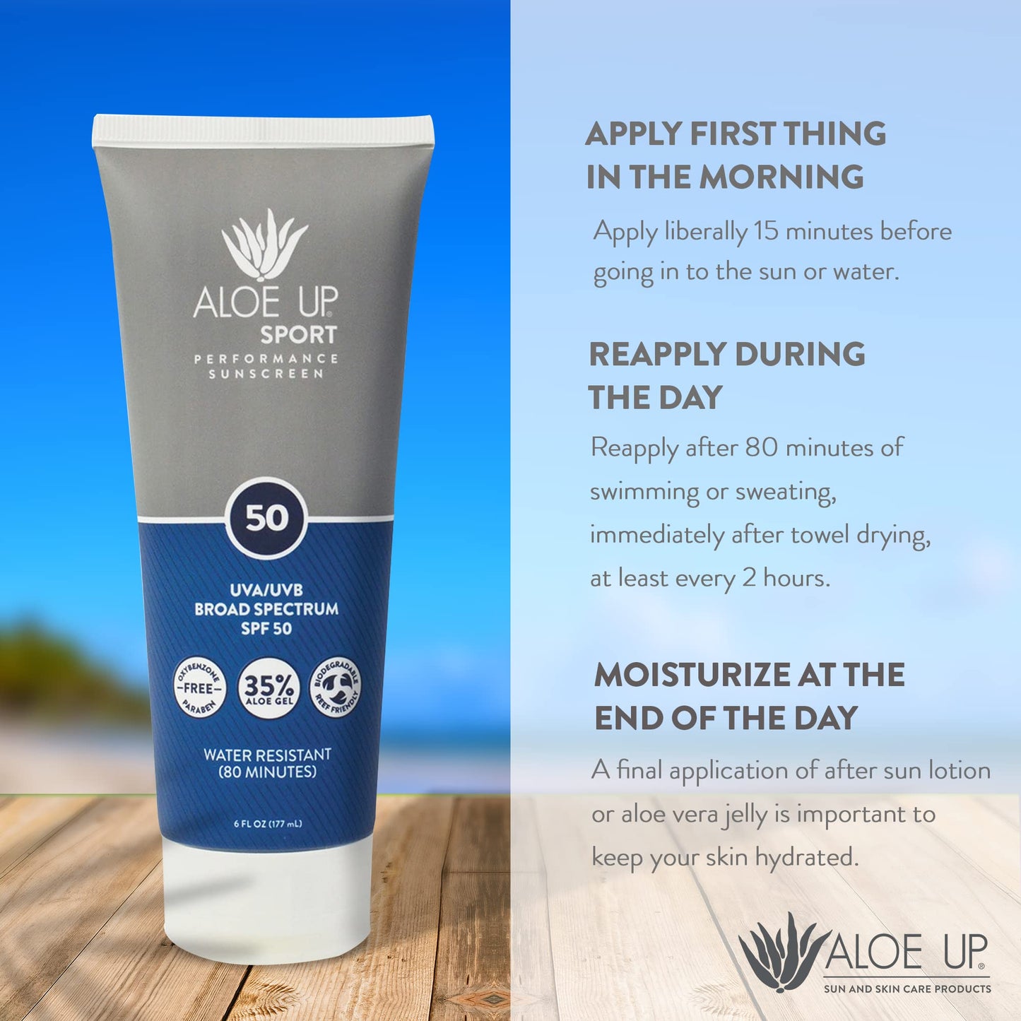 Aloe Up Sport Sunscreen Lotion SPF 50 - Broad Spectrum UVA/UVB Sunscreen Protector for Face and Body - With Hydrating Aloe Vera Gel - Non-Greasy - No White Cast - Reef Safe - Fragrance-Free - 6 Oz.