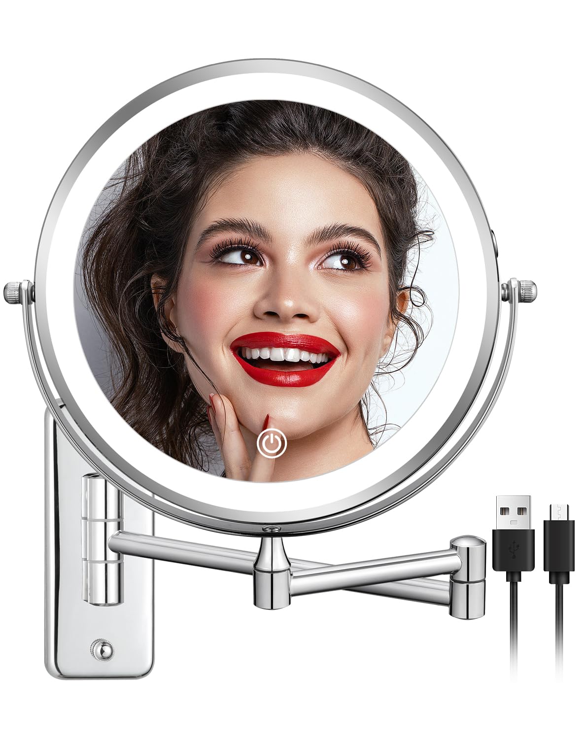 DECLUTTR Rechargeable Wall Mounted Makeup Mirror, 8 Inch 1X/10X Magnifying Mirror with 3 Color Lights, Dimmable LED Lighted Makeup Mirror with Double Sided