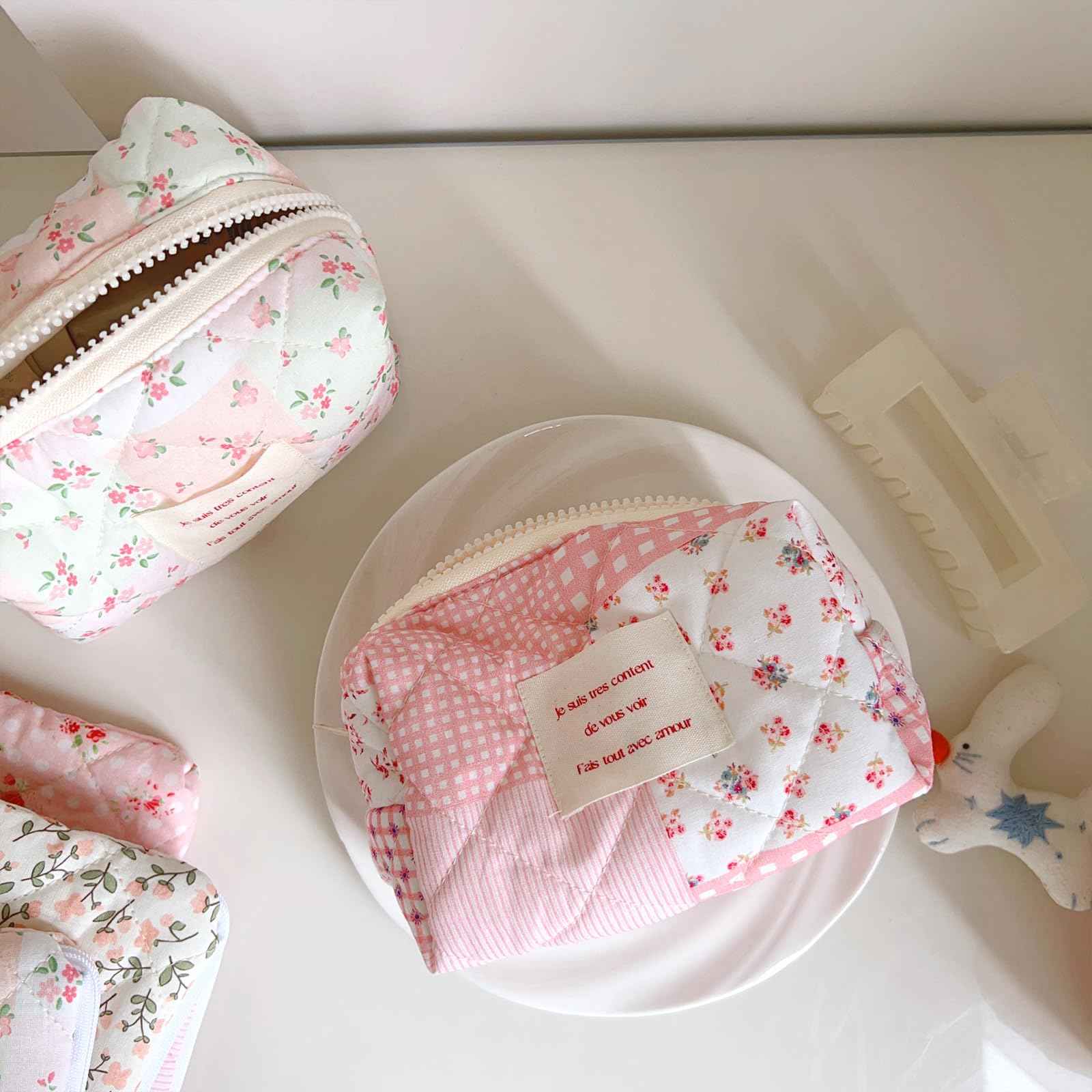 Sminra 2 Pieces Floral Makeup Bag, Cute Travel Quilted Cotton Small Cosmetic Bag Organizer, Coquette Aesthetic Preppy Pouch Purse Toiletry Bag for Women Girls accessories