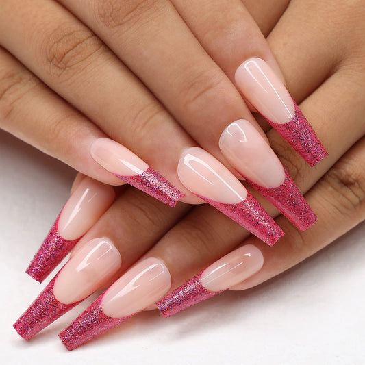 Kikmoya Extra Long False Nails Coffin French Tip Press on Nails Pink Fake Nails with Red Glitter Manicure Kit 24pcs Glossy Acrylic Full Cover Stick on Nails for Women (Red Glitter)