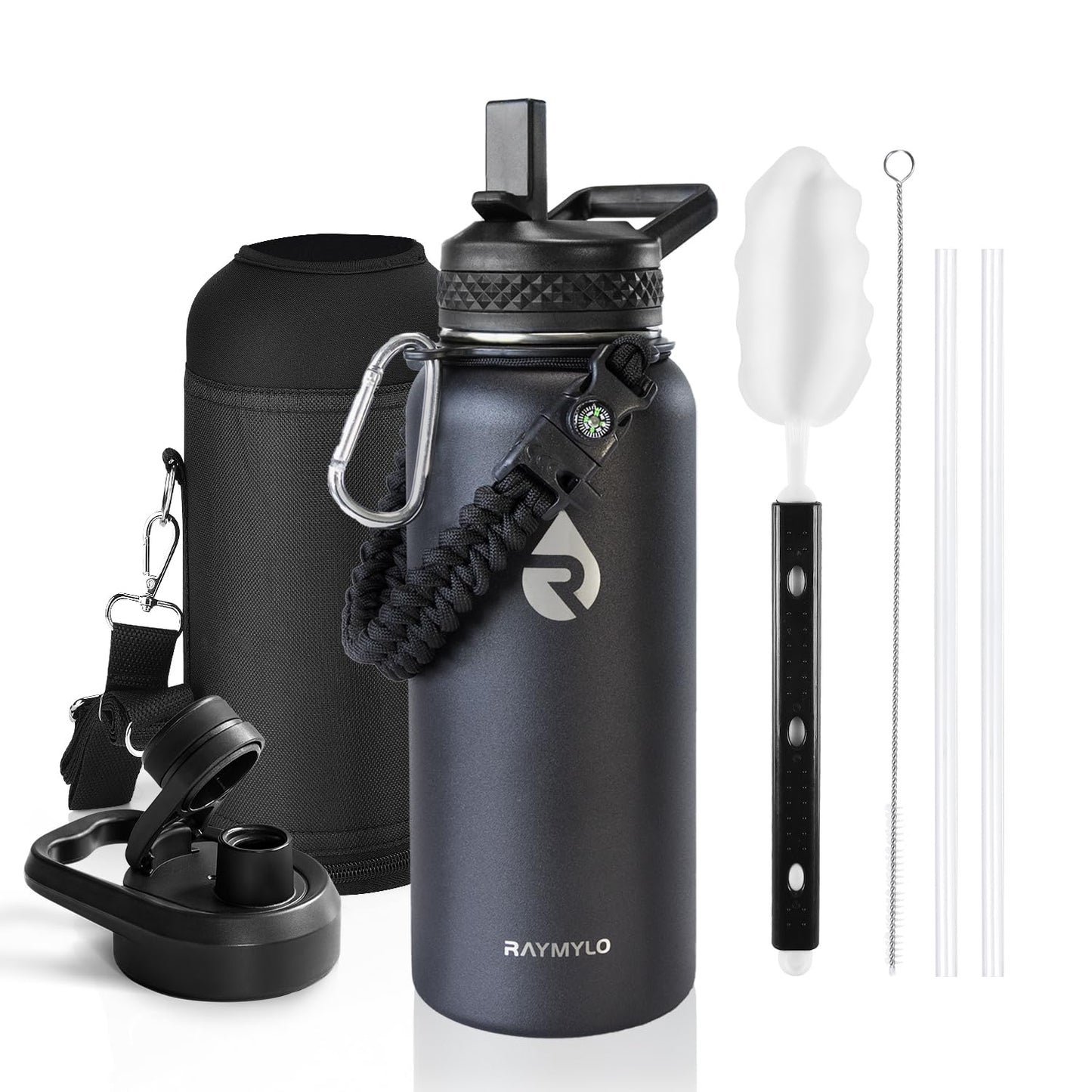 RAYMYLO Insulated Water Bottle 32 oz, Triple Wall Vacuum Stainless Steel (Cold for 48 Hrs), Leak Proof & Non-BPA, Modern Water Flask Jug with Paracord Handle & Straw Spout Lids, Magic Black