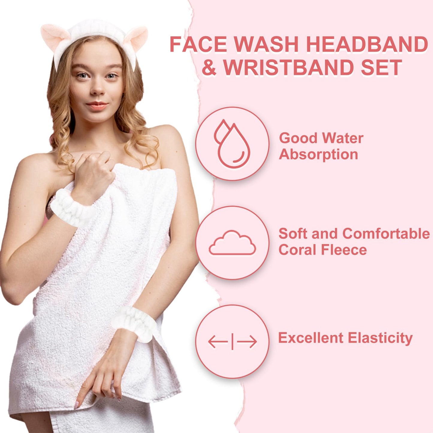 CAVETEE 3 Piece Headband and Wristband Set for Women, Spa Hairband with Cat Ears, Soft and Comfortable Skin Care Headband and Wristband Set for Shower, Facial, Makeup, White