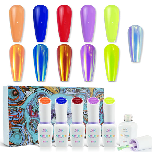 CHARMACY 6PCS Gel Nail Polish Set, Liquid Chrome Gel Polish Magic Aurora Chameleon Mirror Effect, Fall Gel Nail Polish Colors Orange Blue Red Neon Yellow Gel UV Nail Polish Home Salon Gel Manicure Kit