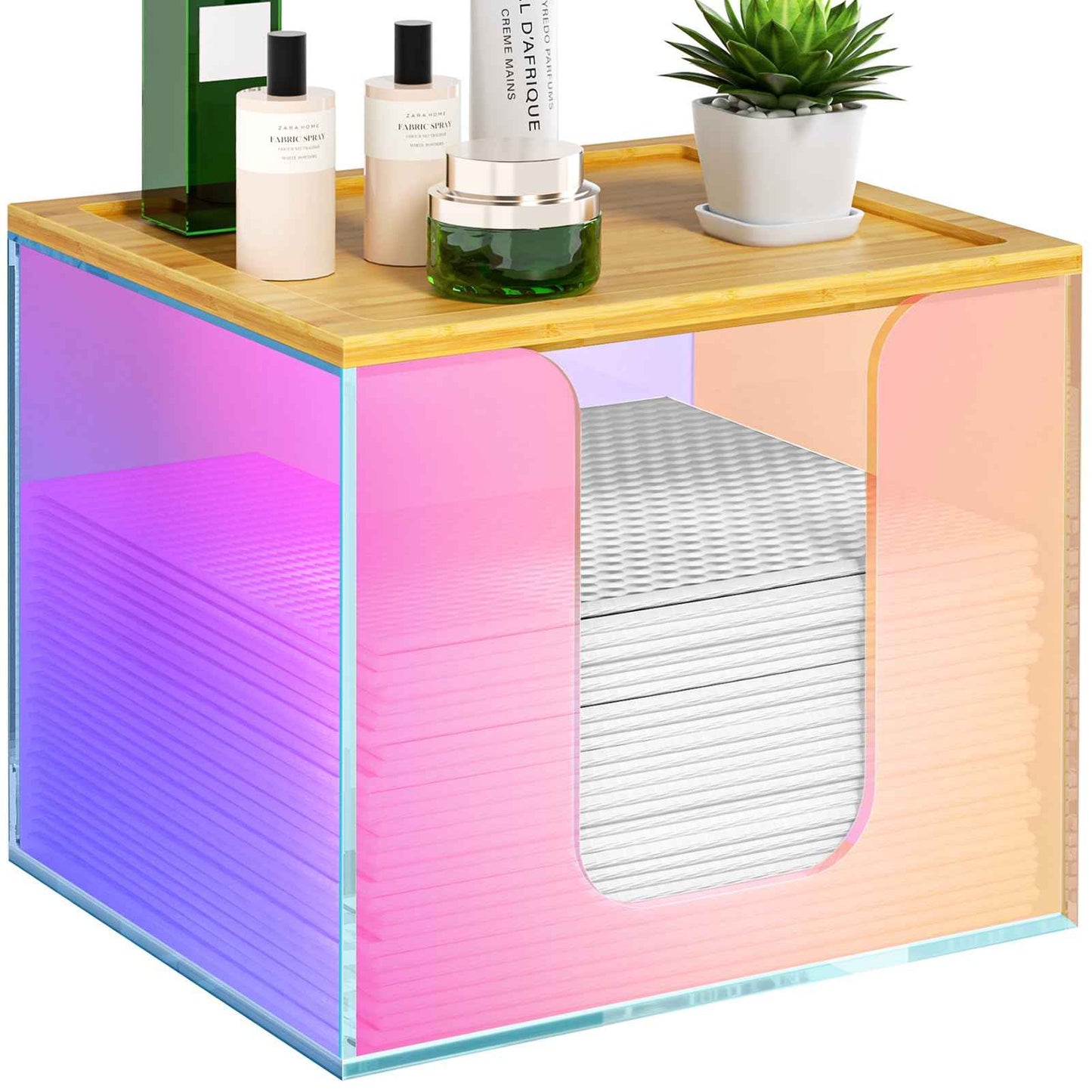 VITVITI Disposable Face Towel Holder Box, Acrylic Facial Towel Container for XL Clean Skin Club, Large Disposable Face Towels Storage with Bamboo Lid, for Bathroom, Vanity Makeup, Rainbow